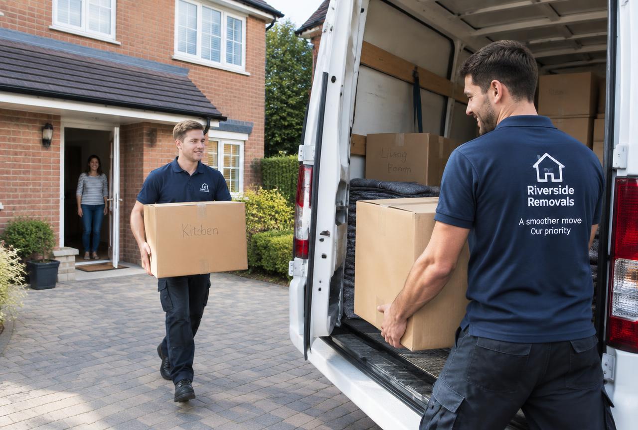 Removal crew carefully loading labelled boxes into a clean moving van outside a family home